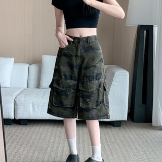 【HOT 本舖】 ~復古迷彩牛仔七分褲女街頭嘻哈廓形多口袋寬鬆工裝短褲