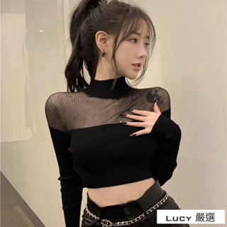 Lucy💕甜辣風新款性感短版針織衫緊身打底衫T恤半高圓領長袖黑色上衣女
