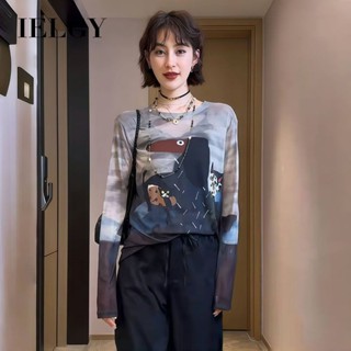 IELGY塗鴉卡通網眼長袖T恤女美式複古紮染百搭上衣