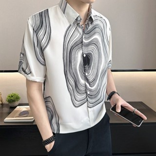 高階感冰絲垂墜感襯衫男 短袖襯衫 夏季新款襯衫 ins設計感印花韓版襯衫半截袖