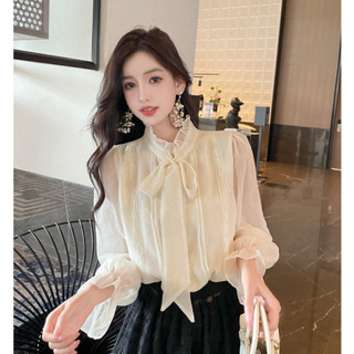 【奇奇樂百貨店】襯衫法式氣質立領蝴蝶結長袖襯衫女 設計感小眾上衣雪紡衫小衫 花邊長袖襯衫女