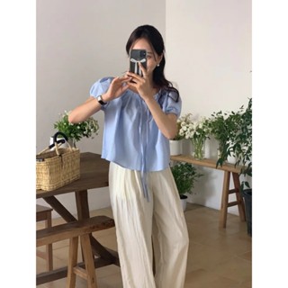【HOT 本舖】 chic 夏季韓版清新甜美系帶泡泡袖時尚百搭襯衫上衣