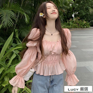 Lucy💕法式氣質喇叭袖襯衫女秋季2025新款甜美方領褶皺緊身顯瘦長袖上衣