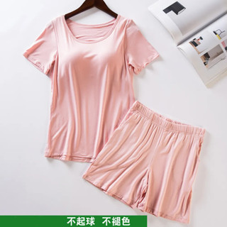 衣時尚 上衣 凜感衣 居家服 兩件套 L-3XL 新款莫代爾睡衣兩件套裝帶胸墊短袖短褲學生休閒家居服-4393.