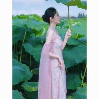 🌸春天🌸 免運 新中式國風旂袍改良年輕款高階氣質獨特超好看粉色掛脖洋裝連身裙子夏