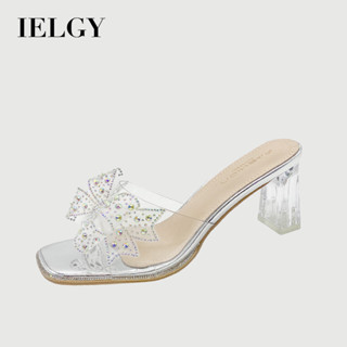 IELGY 蝴蝶結拖鞋女式水鑽透明高跟涼鞋