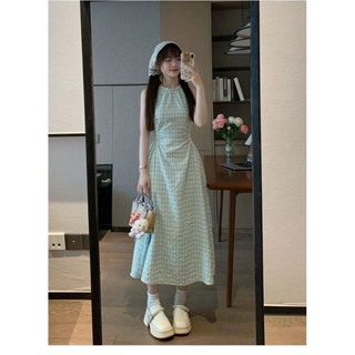 【HOT 本舖】 法式綠色格子無袖吊帶連衣裙子女夏季2025新款海邊度假風收腰長裙