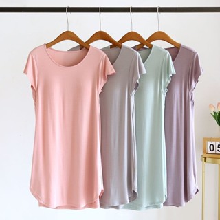 衣時尚 上衣 凜感衣 居家服 睡衣 L-3XL 新款莫代爾睡衣薄款睡裙帶胸墊外穿冰絲短袖寬鬆家居服-4392.