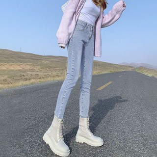 胖胖美依 牛仔褲 小腳褲 長褲 S-2XL韓版牛仔褲高腰彈力淺藍色修身顯瘦百搭小腳鉛筆褲子-7419.