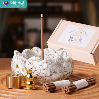 ✨ 天然水晶 工藝品 居家擺件 ✨天然水晶碎石滴膠蓮花香插套裝聚寶盆供佛香爐香插底座傢居裝飾品 TRSST