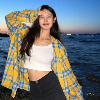 美式複古黃色格子襯衫女秋季寬鬆長袖襯衣設計感oversize外套學生 上衣 女裝 衣服 薄外套 防曬外套 長版外套 O