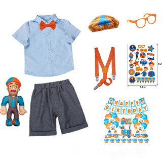 英語老師 Blippi 服裝兒童男孩襯衫吊帶短褲眼鏡帽子 Terno OOTD 角色扮演萬聖節派對短袖衣服配飾套裝