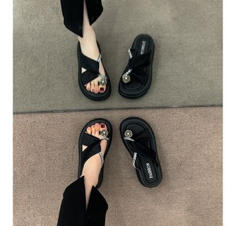 [YOYO]高階感法式平底拖鞋女 外穿拖鞋 夏季新款 小眾金屬花朵時尚厚底涼拖鞋女 韓版女鞋 羅馬涼拖鞋 增高休閒女拖鞋