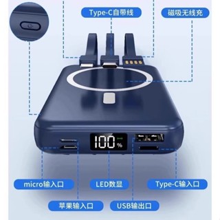 💥臺灣現貨💥20000毫安磁吸行動電源耐用自帶線大容量無線磁吸充電快充手機通用
