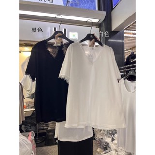 【HOT 本舖】童裝 雪花棉蕾絲花邊拼接V領短袖T恤女夏季韓版寬鬆百搭休閒上衣