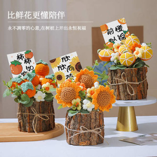 畢業花束 編織花束 乾燥花束 手工編織柿柿如意花盆盆栽針織草莓送同學閨蜜生日禮物畢業向日葵