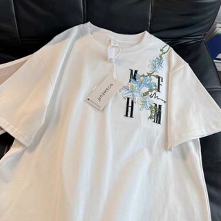 日系夏裝 夏天服飾 藤蔓花卉字母刺繡短袖T恤男女夏設計感歐美式國潮牌純棉短袖上衣