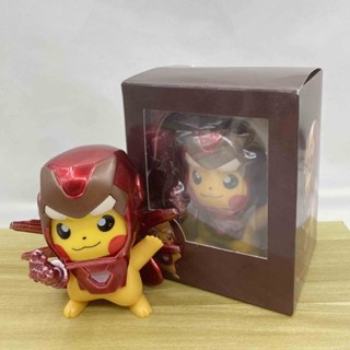 MARVEL 10cm動漫口袋妖怪皮卡丘cosplay漫威復仇者聯盟鋼鐵俠q版pvc可動人偶模型桌面擺件公仔玩具