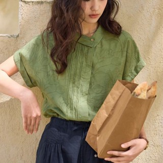 悅悅家YY 熱賣 新6月直髮 法式亞麻提花不對稱翻領襯衫女夏季新款短袖設計感高級提花上衣