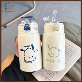 YELGIRL 熱水瓶,316 不銹鋼卡通 Pochacco KT 貓女孩保溫杯,耐用矽膠吸管瓶貓 400ML 兒童真空