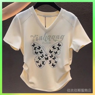 ❗️臺灣出貨 純棉時尚設計感鑲鑽字母V領短袖上衣夏季新款設計感蝴蝶T恤女潮 限時特賣❗️B66-6-C2