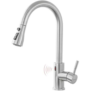非接觸式廚房水龍頭，帶下拉式噴霧器運動傳感器擴音智慧啟用拉絲鎳水槽水龍頭