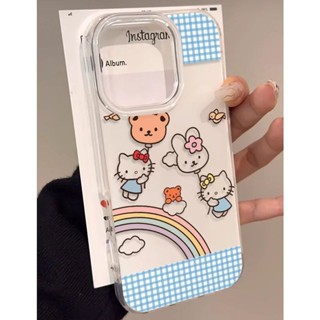 日韓 可愛藍格紋氣球Kitty iPhone 16 15 14 13 12 11 pro max 蘋果手機殼 雙層防摔