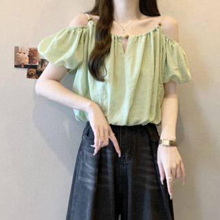 一字領上衣One shoulder top大尺碼女裝甜美泡泡袖露肩短袖襯衫女胖MM高階感一字領顯瘦短版上衣新款現貨25.