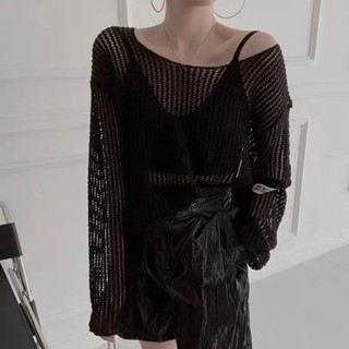 【HOT 本舖】 防曬針織衫罩衫女裝薄款鏤空透視設計感圓領套頭寬鬆百搭長袖上衣