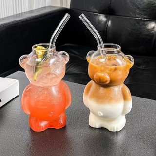 D0527-ins風小熊 創意造型 高顔值奶茶杯 個性拿鐵咖啡杯 果汁杯 320毫陞 耐熱玻璃水杯 超可愛的小熊杯