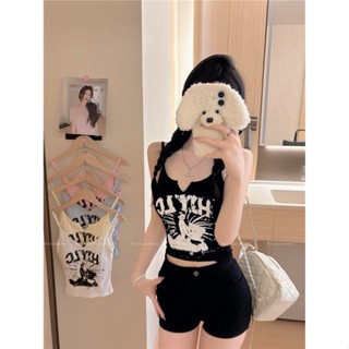 【HOT 本舖】 夏季新款美式辣妹字母印花性感吊帶小背心帶胸墊美背