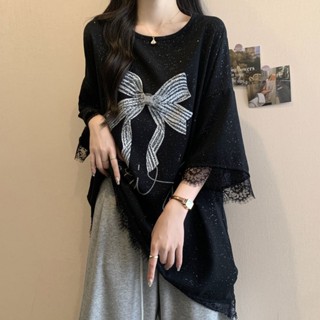 愛依依 短袖T恤 中長款上衣 七分袖 大碼女裝 S-4XL夏季起皺冰絲蝴蝶刺繡滿天星寬鬆顯瘦上衣-4905.