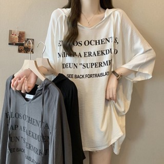胖胖美依 上衣 短袖T卹 印花上衣 T恤衫中大尺碼 M-4XL新款連帽字母印花短袖寬鬆遮肉顯瘦休閒上衣-7361.