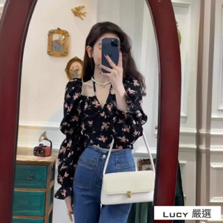 Lucy💕辣妹碎花歐美上衣方領歐美風法式短版性感秋冬薄款設計新款長袖