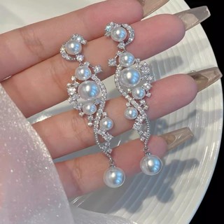 【HOT 本舖】 輕奢小眾高階感長款流蘇珍珠耳環女名媛同款時尚百搭氣質鋯石耳釘