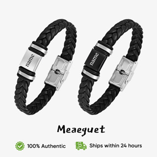 Meaeguet 可定製男士手鍊黑色 PU 繩和鋼不銹鋼方形魅力防過敏