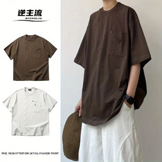 【逆主流】日系復古純色襯衫 夏季口袋拼接設計短袖T恤 美式寬鬆圓領T恤 港風復潮流簡約短T 情侶休閒T恤 百搭休閒內搭