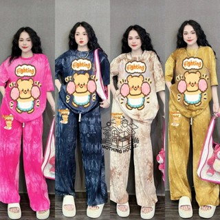 【臺灣出貨】泰國黃油小熊印花休閒套裝女夏韓國薄款紮染短袖闊腿長褲時尚兩件套