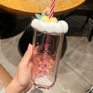 STARBUCKS 免費杯墊和手提包星巴克聖誕可愛寵物系列糖果鈴三角玻璃咖啡吸管水杯500ml