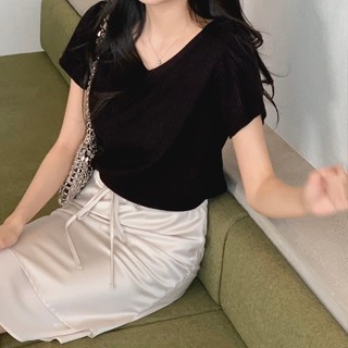 【HOT 本舖】 韓國chic夏季短袖針織衫v領修身顯瘦純色百搭上衣