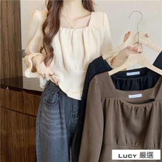 Lucy💕時尚長袖襯衫女設計感小眾秋季2025新款氣質法式鎖骨方領短版上衣