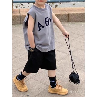 PIPILULU.KIDS男童純棉背心T恤字母韓版洋氣寬鬆夏天中大童外穿無袖兒童上衣潮百搭韓版舒適新款 2025 歐美