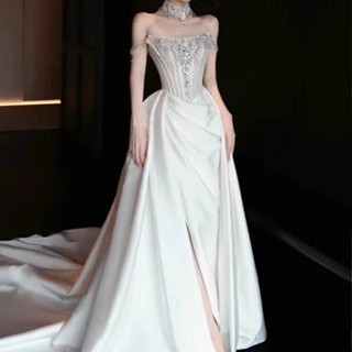 [熱銷]法式輕婚紗晨袍女新娘結婚禮服敬酒服白色蕾絲拖尾出閣宴會連衣裙