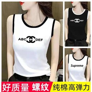 削肩背心 法式背心 純棉法式字母無袖背心女內搭夏季新款韓版修身t恤打底吊帶上衣潮