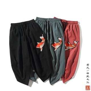 男士棉麻七分褲民族風復古刺繡百搭亞麻短褲透氣排汗寬褲寬褲燈籠褲哈倫褲束口褲寬褲垮褲蘿蔔褲大尺碼男褲子
