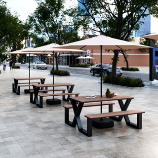 訂金 戶外塑木連體餐桌 網紅奶茶店餐桌 咖啡廳休閒桌椅 商用餐桌 餐桌 多功能戶外桌椅 遮陽傘 室外庭院花園桌椅套裝