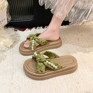 懶人鞋 韓國懶人鞋 厚底珍珠拖鞋女夏季外穿2025新款百搭仙女風配裙子懶人一腳蹬涼拖