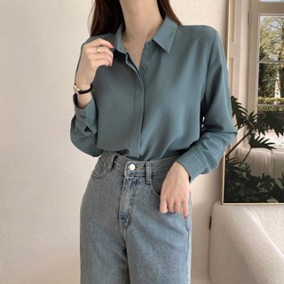 【HOT 本舖】 韓國chic早春法式翻領單排扣長袖襯衣女寬鬆百搭氣質純色襯衫上衣