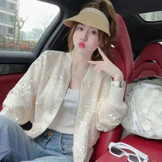 保暖外套 珊瑚絨外套 鴨絨外套 重工亮片短版外套女小香風2024年早春新款寬鬆薄款休閒棒球服上衣