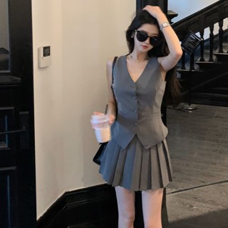 胖胖美依 套裝 上衣 兩件套 S-XL氣質時尚西裝馬甲套裝夏季無袖背心上衣百褶短裙子兩件套-7125.